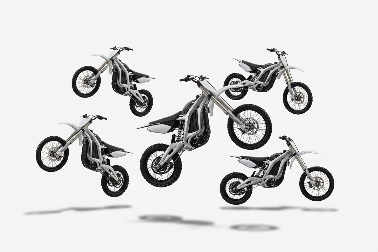 Make me a photo of floating electric surrons, tuttio soliel 01 ‘s , talaria x3 , and mx4 and mx5